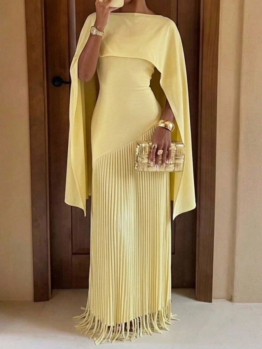 Light Yellow Party Women's Tassel Hem Detachable Cape Dress